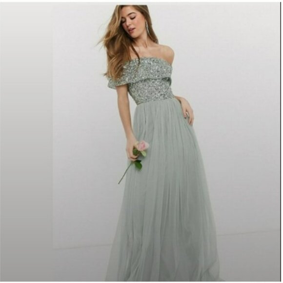 Maya Deluxe Sage Green Bardot Sequin Maxi Dress Sz 8 - Picture 1 of 16